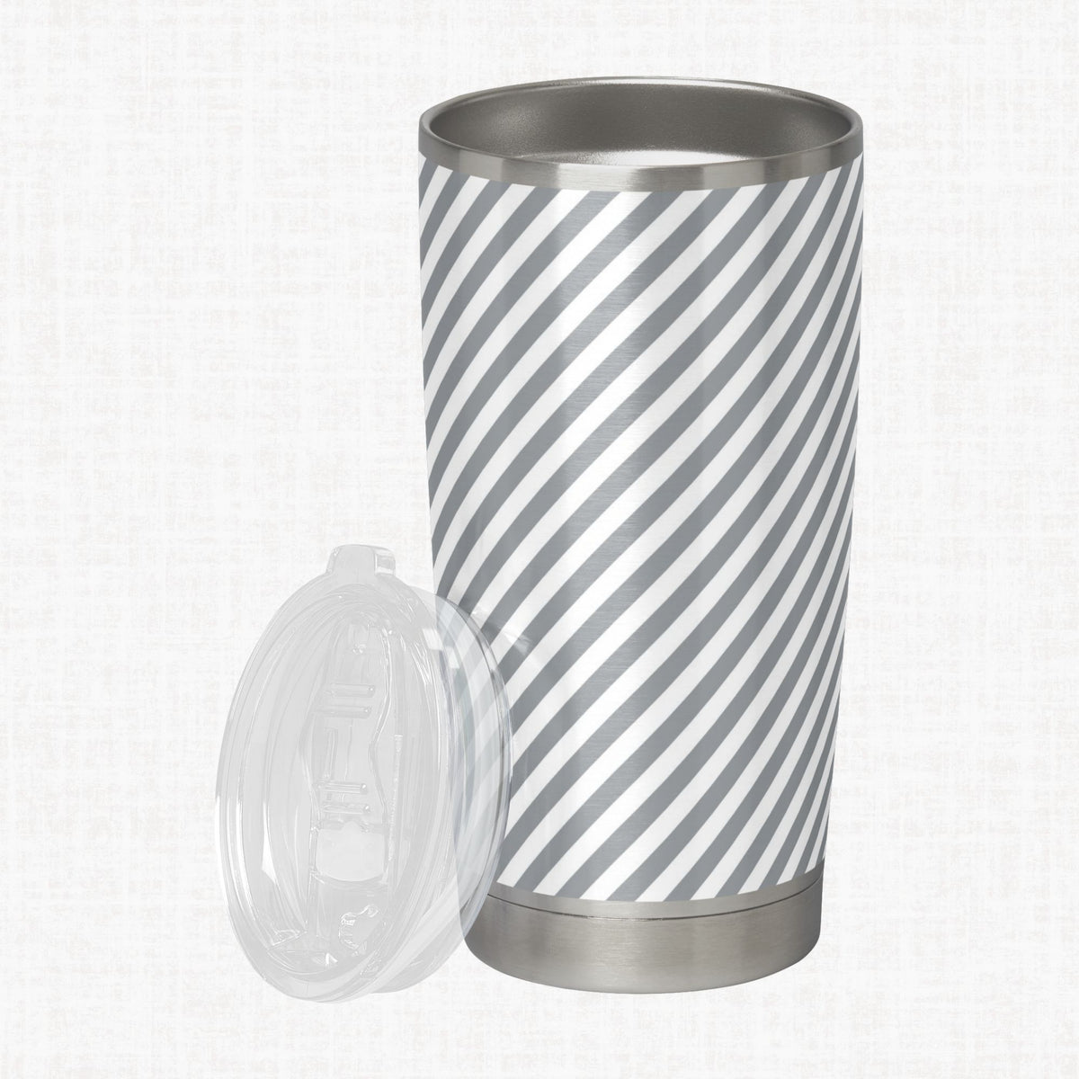 Grey and white striped tumbler as a craft-use example for the seamless stripe paper pack.