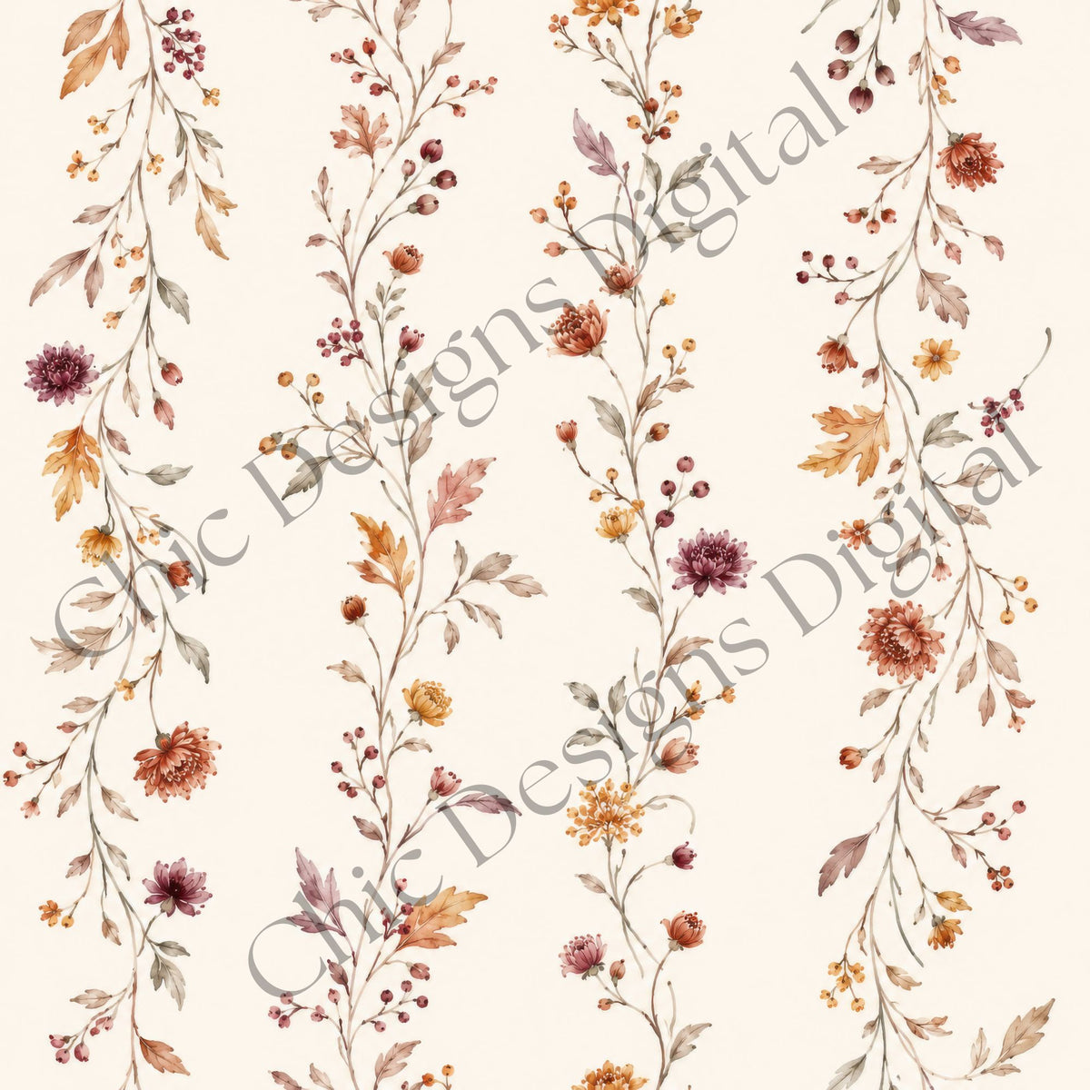 Delicate seamless botanical pattern with trailing flower stems, small chrysanthemums, berries and autumn leaves in burgundy, orange, ochre and muted green.