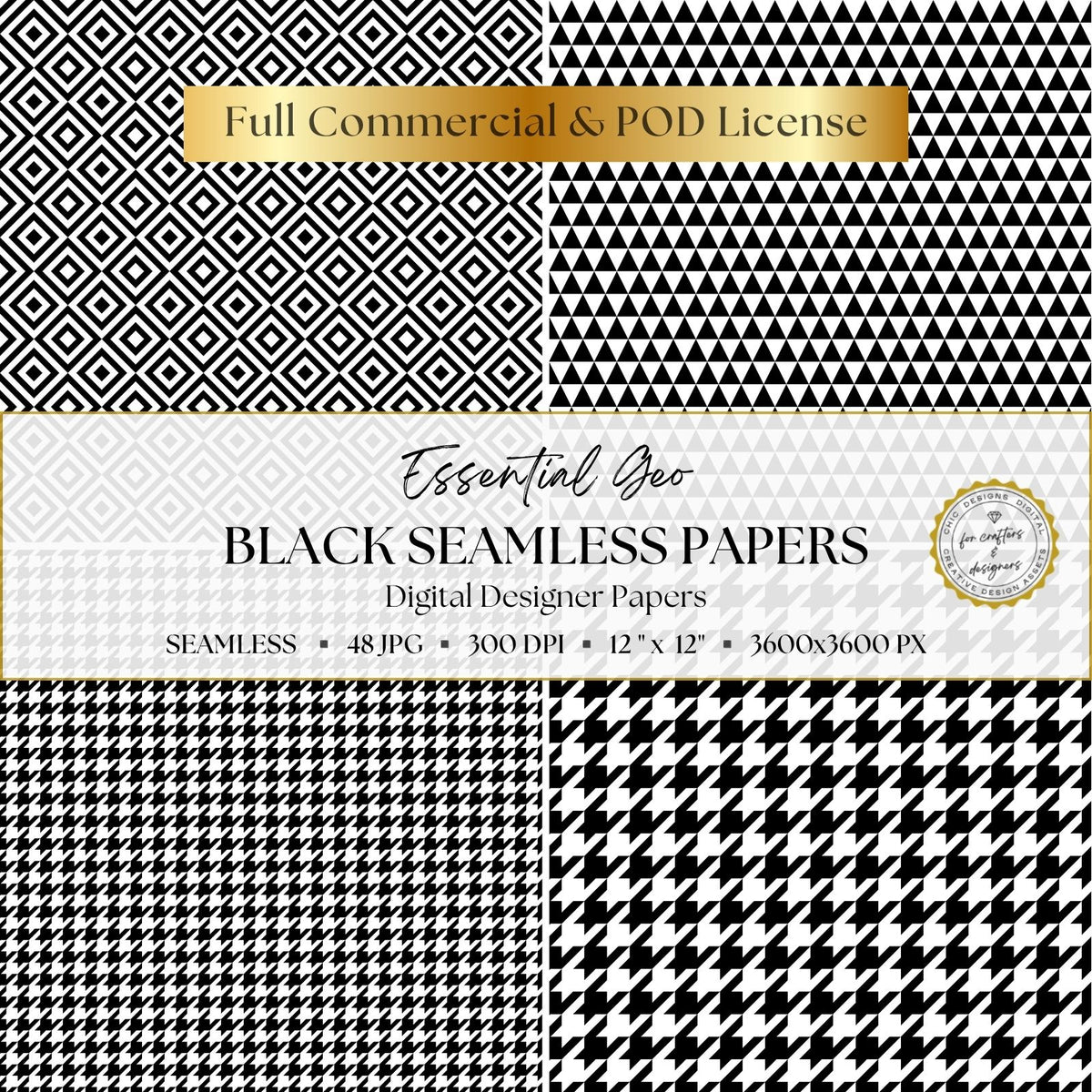 Black and white geometric papers featuring nested diamonds, triangle repeats and small and large houndstooth patterns.