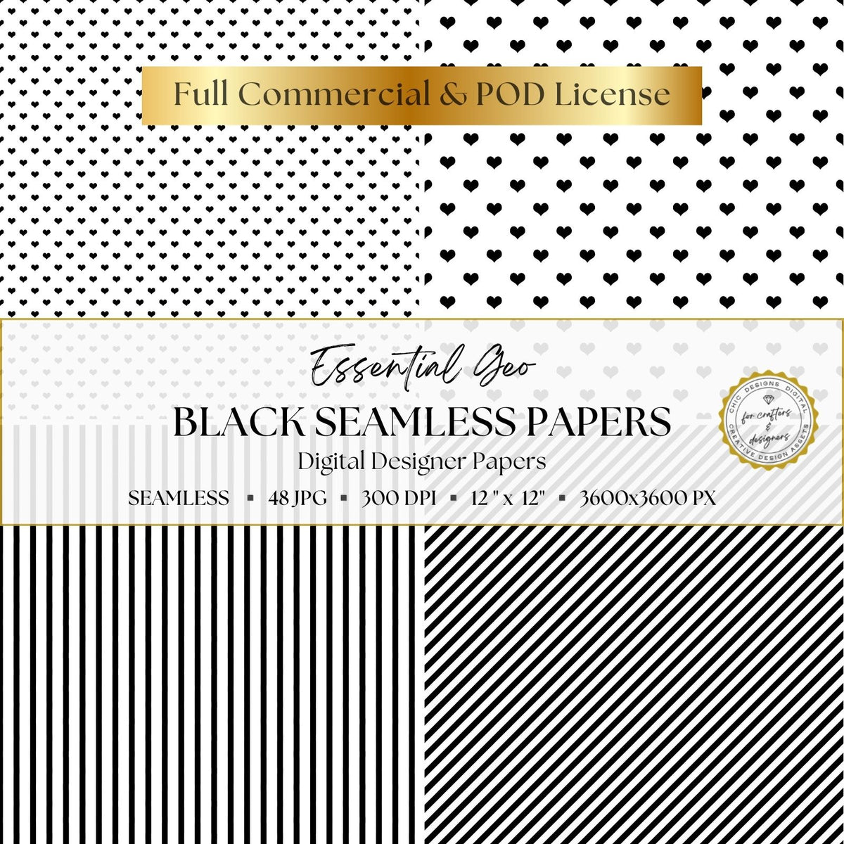 Black and white seamless digital papers featuring small and large heart patterns with narrow vertical and diagonal striped designs.