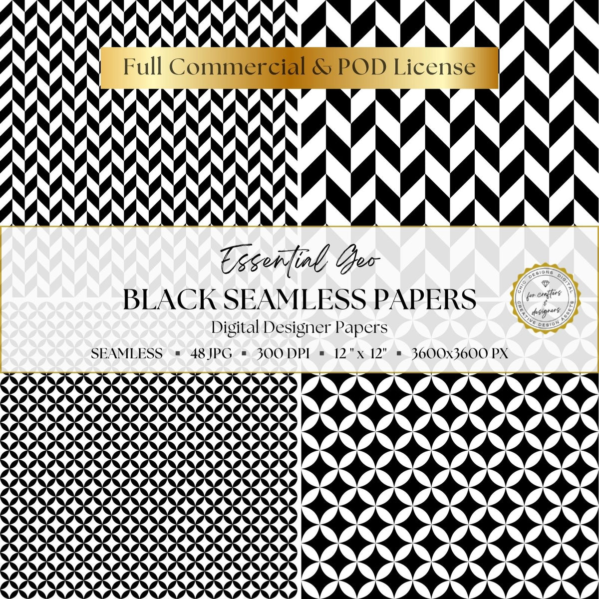 Black and white seamless patterns featuring narrow and bold herringbone designs with repeating circular and petal-shaped geometric motifs