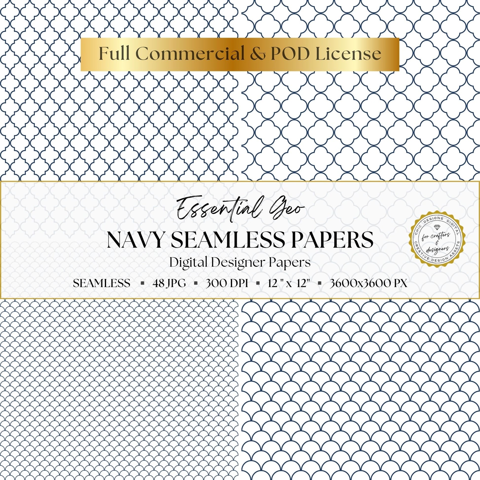 Navy quatrefoil and scallop digital papers shown in coordinating small and large scales.