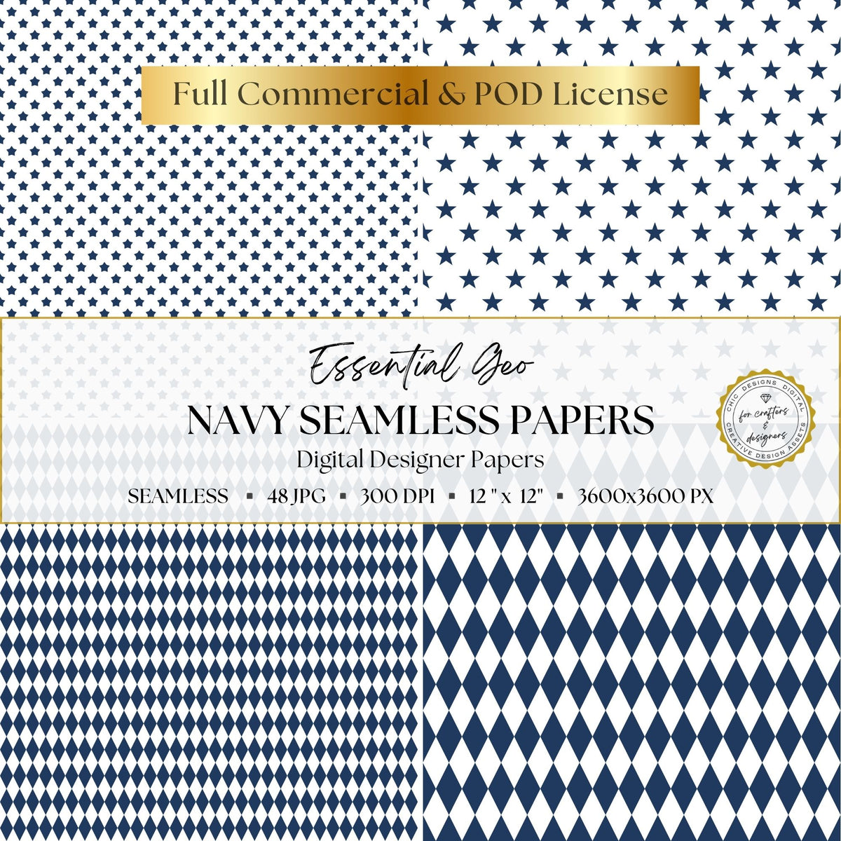 Navy star and harlequin diamond seamless papers shown in small and large-scale variations.