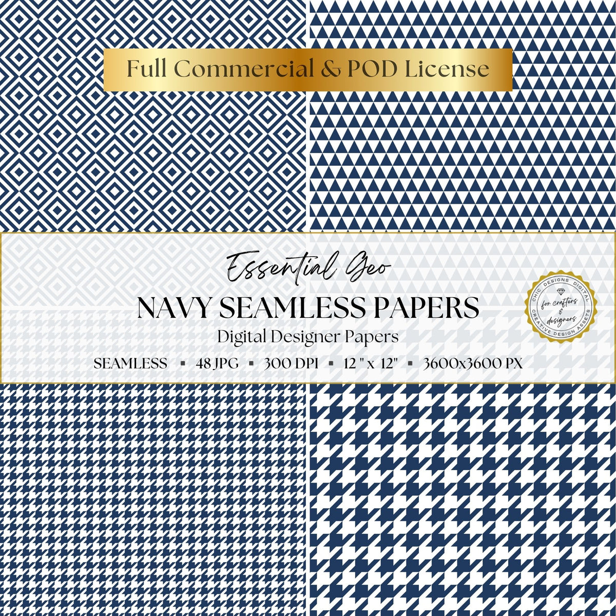 Navy diamond, triangle and houndstooth seamless patterns in coordinating scales and reversed colours.