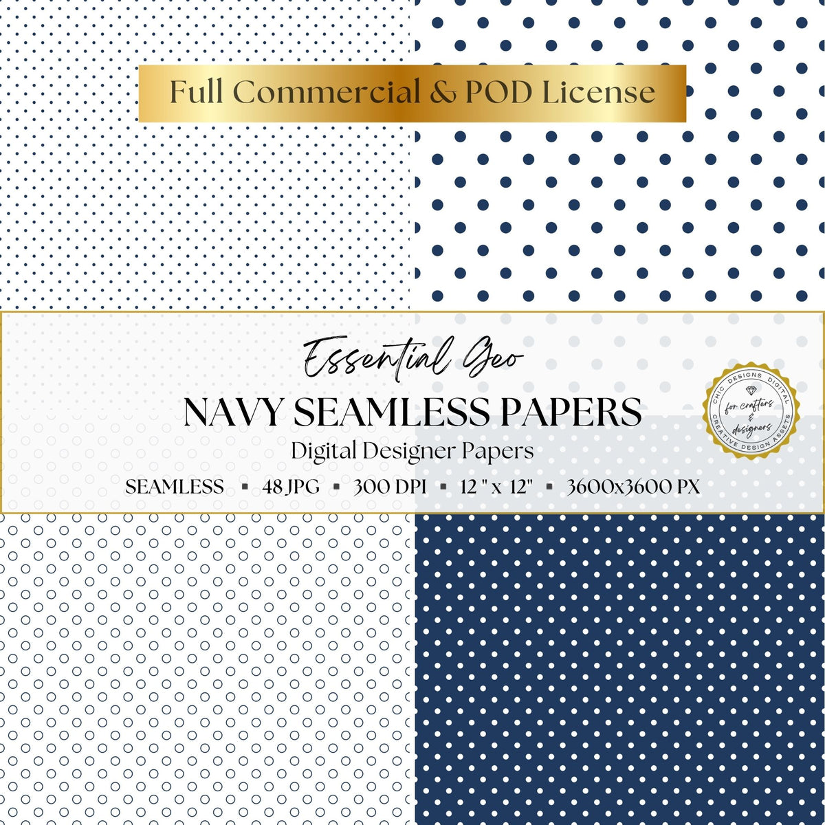Navy and white seamless dot papers featuring small, large, outlined and reversed polka dot designs.