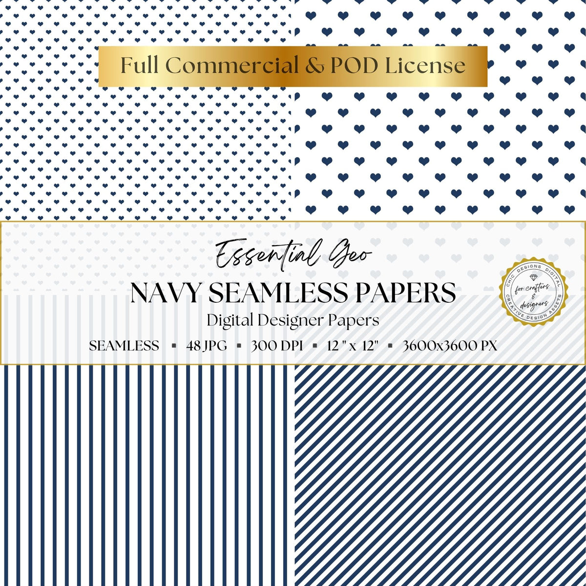 Navy heart patterns in two scales with coordinating vertical and diagonal striped digital papers.