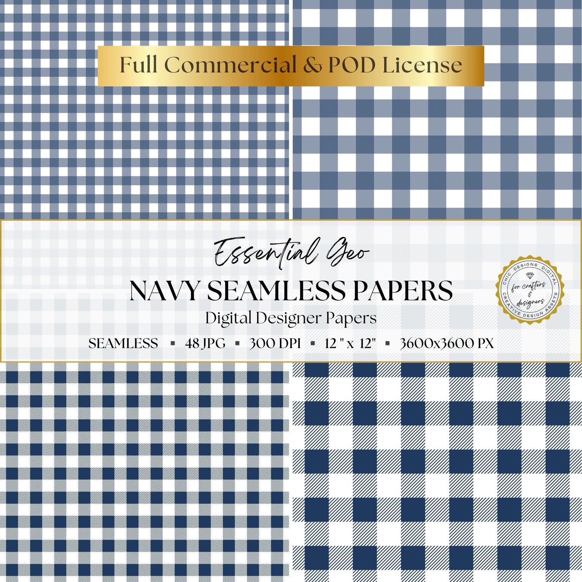 Navy and white gingham and buffalo check digital papers shown in fine and large scales.
