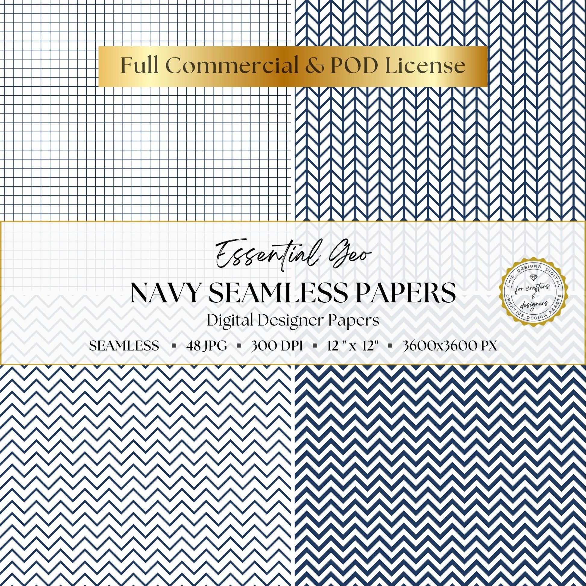 Navy grid, herringbone and chevron seamless patterns in coordinating small and large scales.