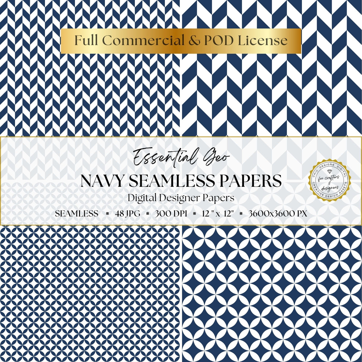 Navy angular geometric and interlocking petal patterns with light and dark reversed designs.