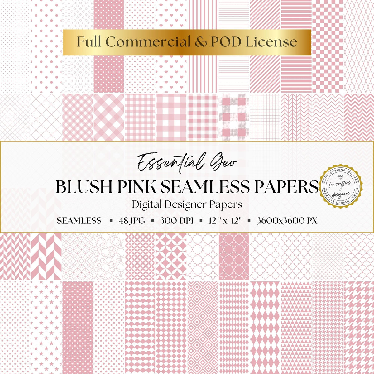 Blush pink Essential Geo collection of 48 seamless geometric digital papers with dots, stripes, checks, hearts, stars and repeating patterns.