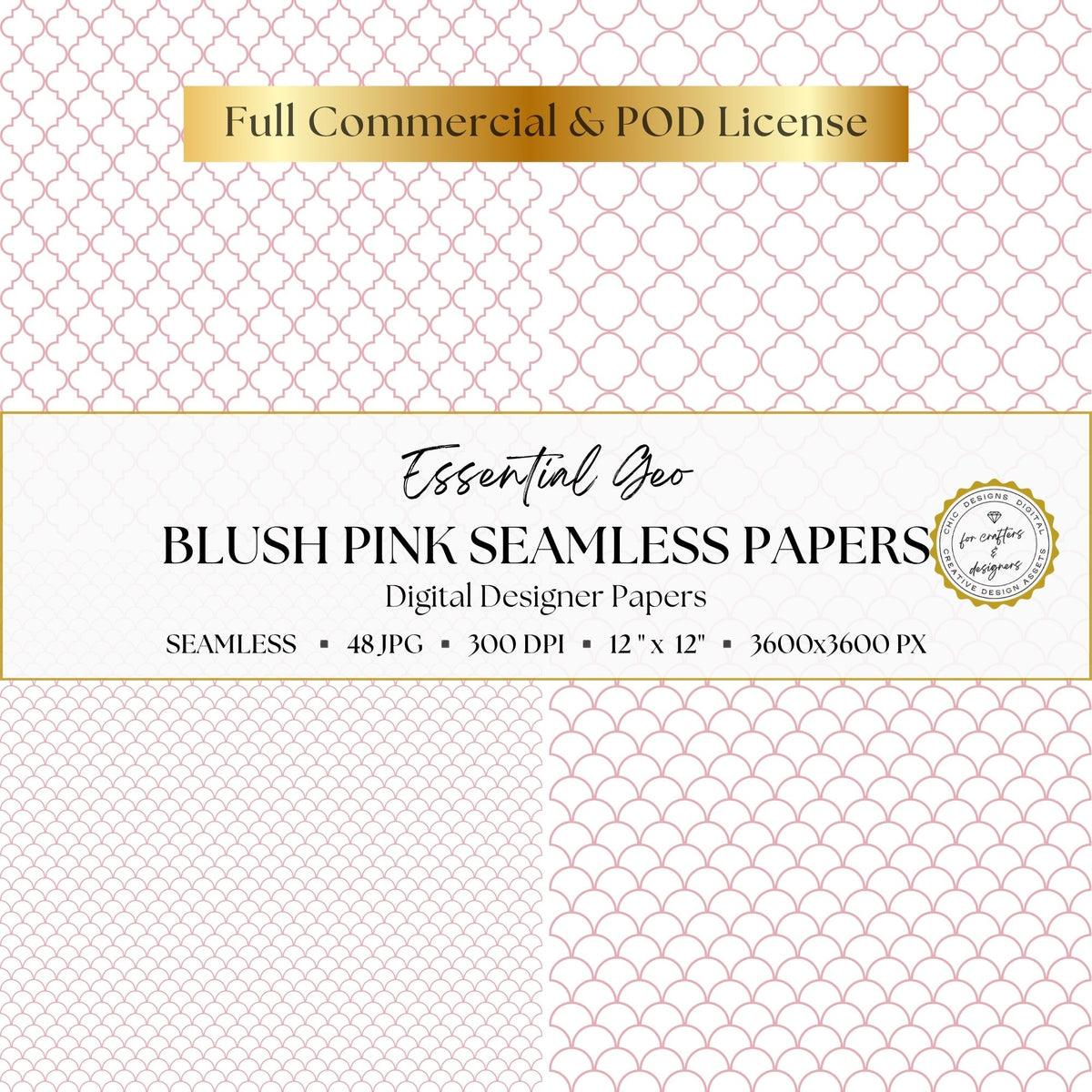 Blush pink and white geometric papers featuring small and large quatrefoil lattice designs with coordinating scallop patterns.