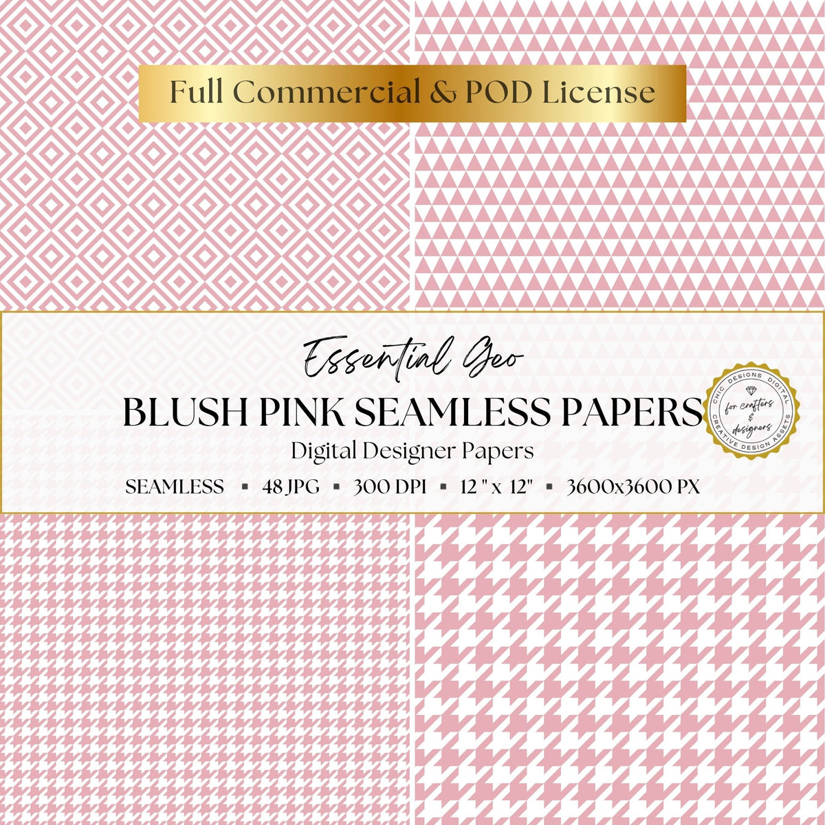 Blush pink geometric digital papers featuring nested diamonds, repeating triangles and small and large houndstooth patterns.