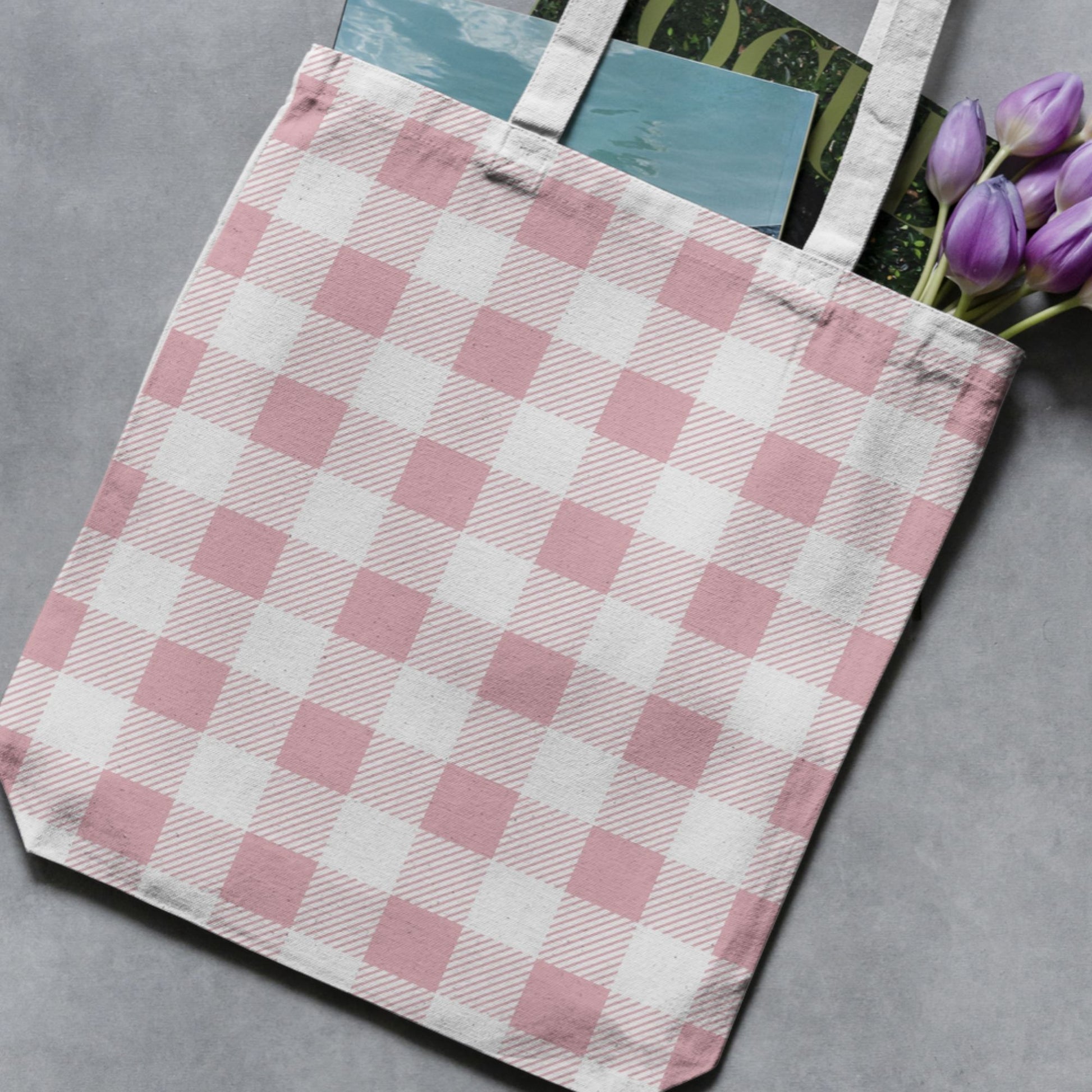 Blush pink gingham pattern shown applied to a fabric tote bag as an example of a finished creative project.