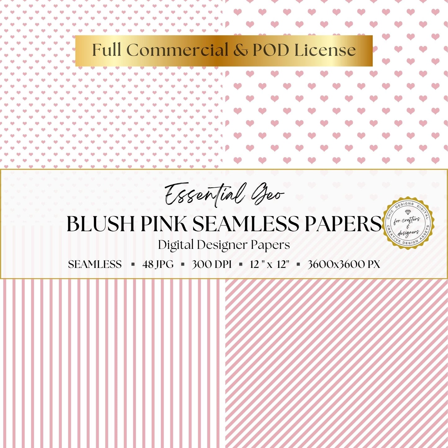 Blush pink seamless digital papers featuring small and large hearts with fine vertical and diagonal stripes.
