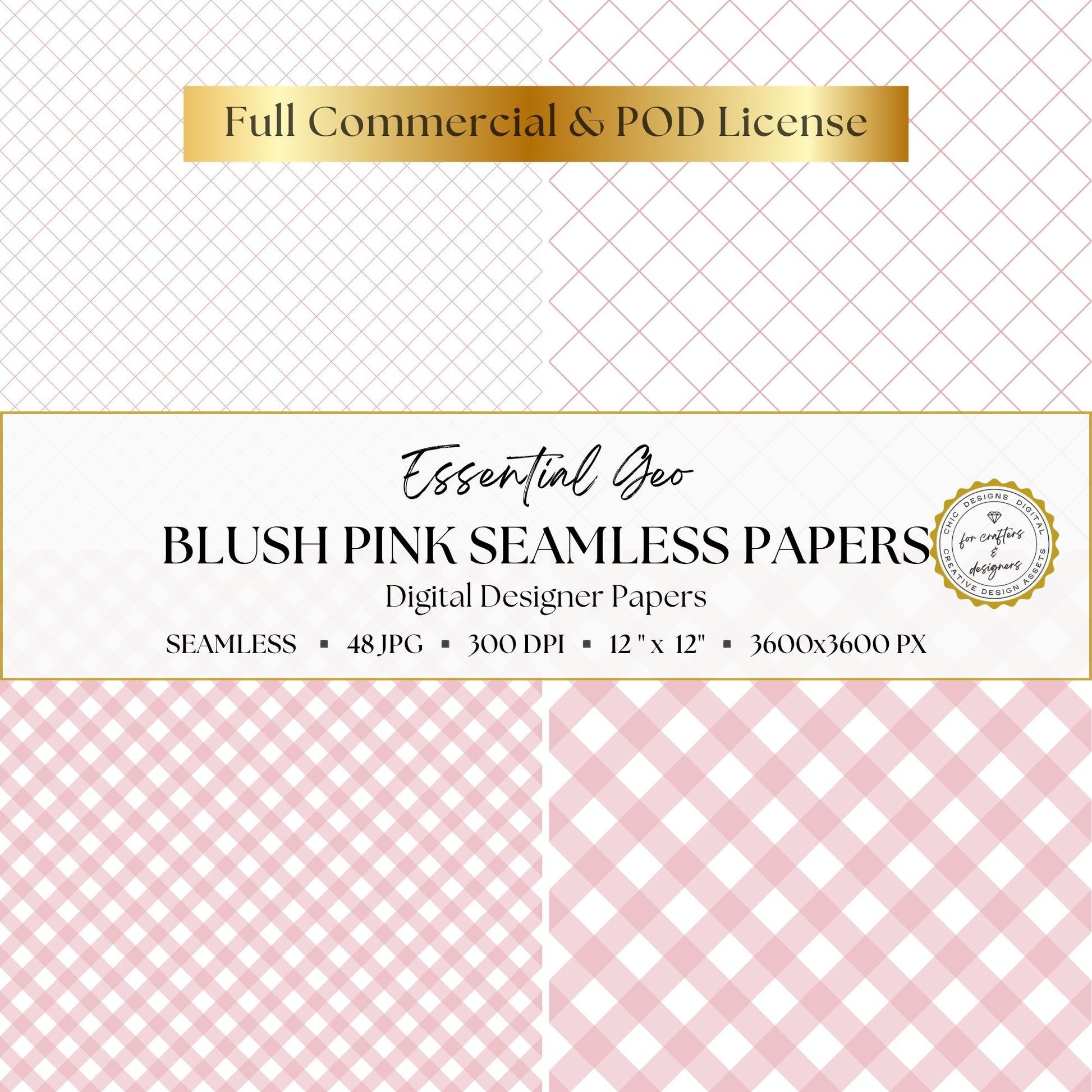 Blush pink seamless papers featuring fine and wide diagonal lattice patterns with small and large gingham checks.