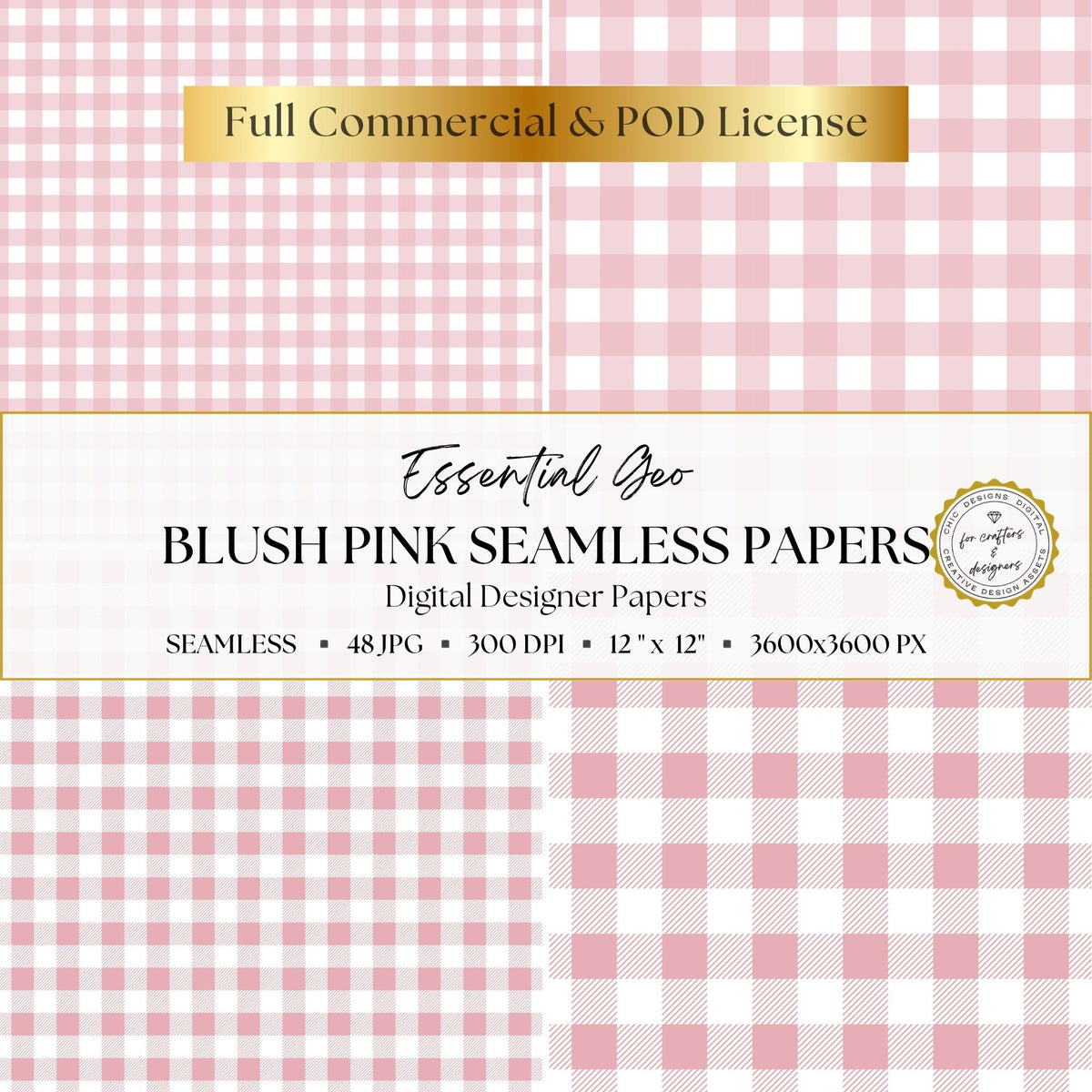 Blush pink and white gingham and plaid digital papers in four coordinating pattern scales.