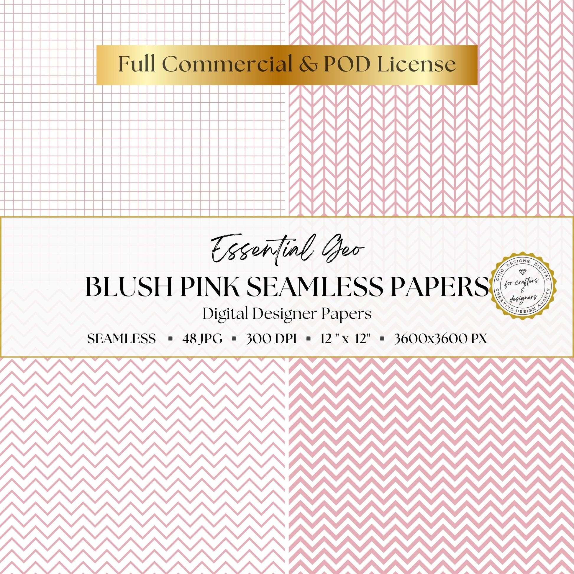 Blush pink seamless papers with graph grids, herringbone and small and large chevron patterns.