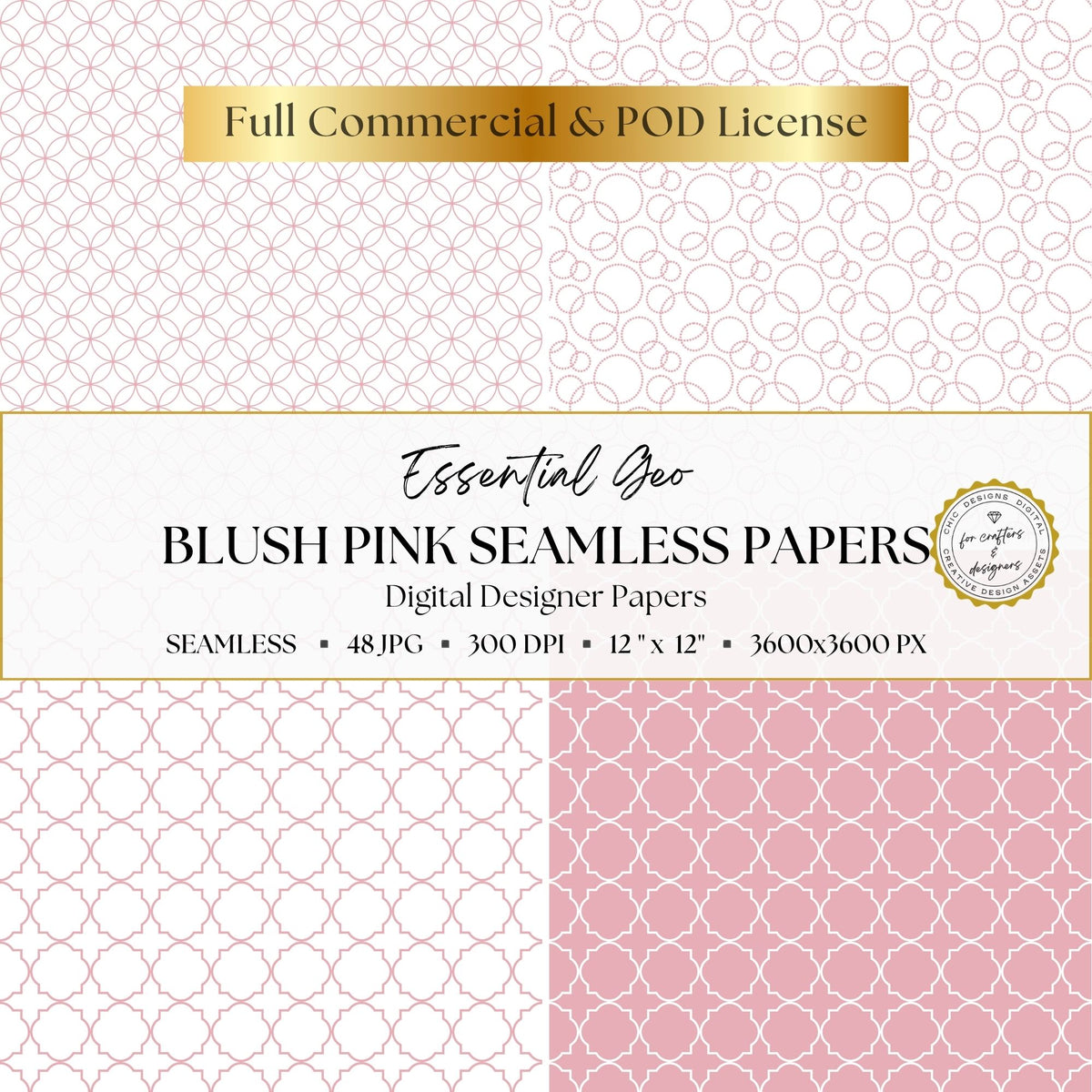 Blush pink seamless papers with overlapping circle designs and small and large Moroccan quatrefoil patterns.