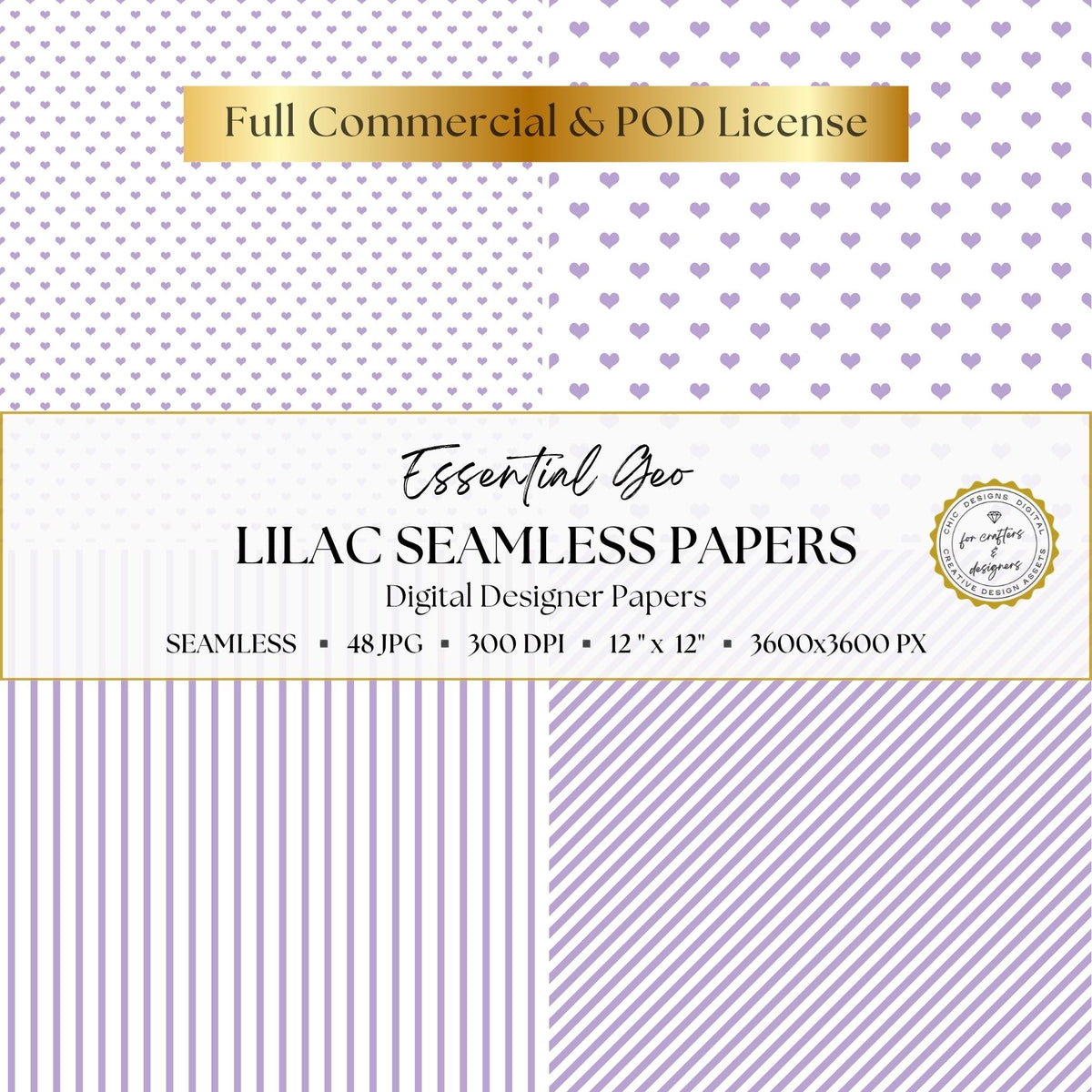 Lilac Seamless Digital Papers | Essential Geo | 48 Light Purple & White Patterns | 12x12 Digital Paper Pack