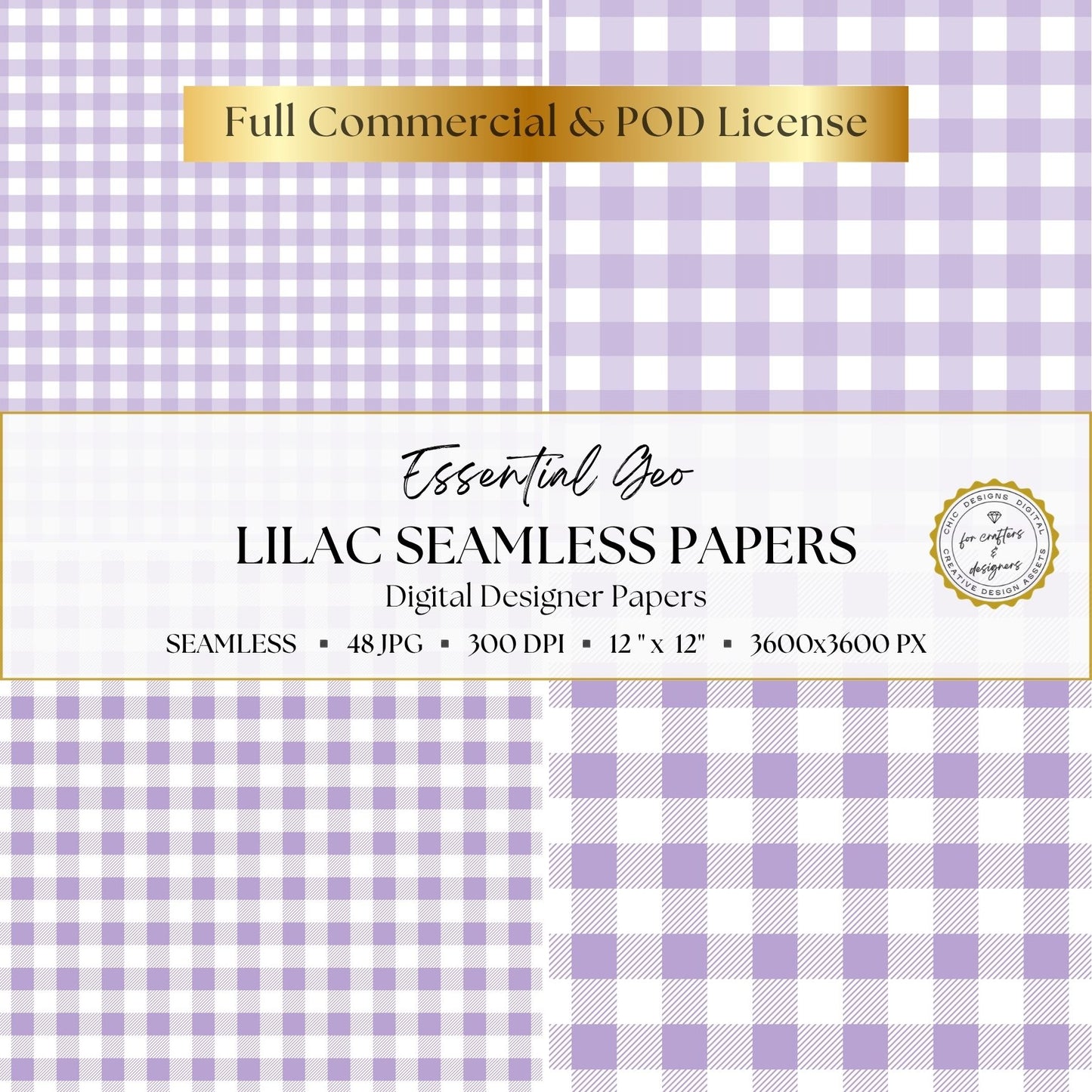 Lilac Seamless Digital Papers | Essential Geo | 48 Light Purple & White Patterns | 12x12 Digital Paper Pack