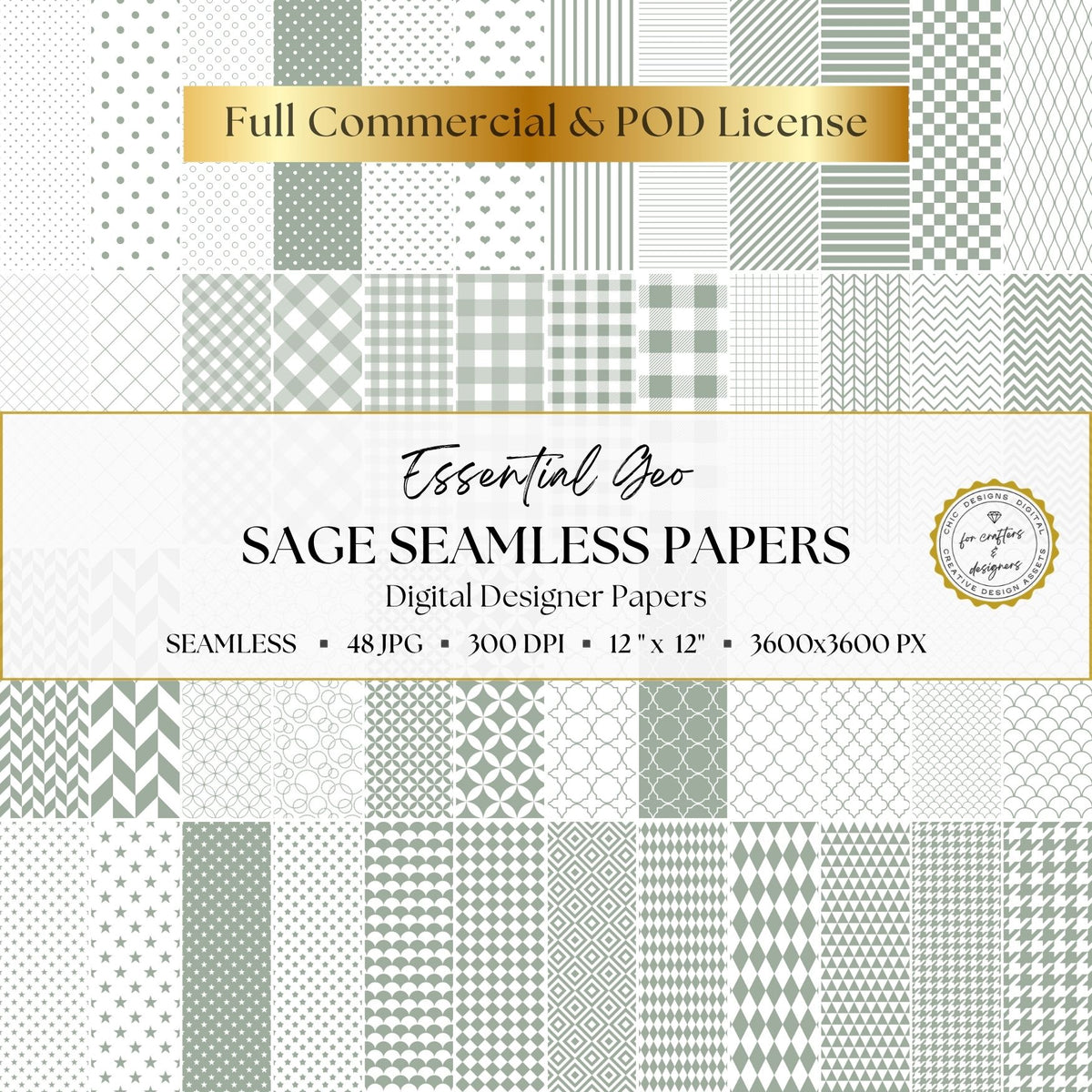 Essential Geo collection of 48 seamless sage green and white geometric digital papers in varied patterns and scales.