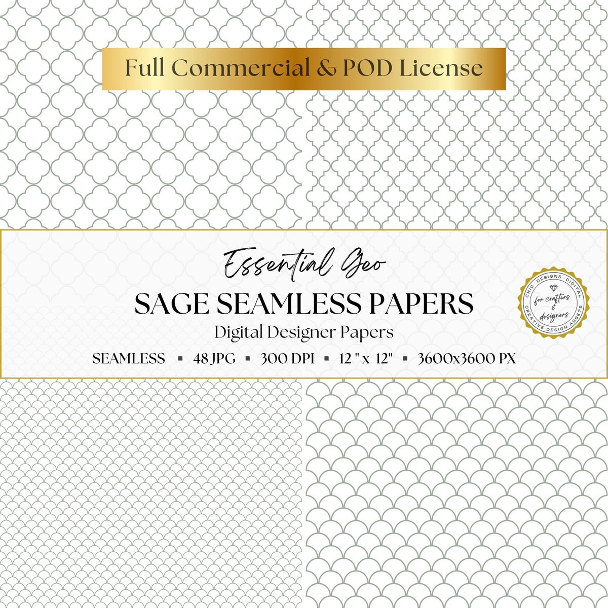Sage green quatrefoil lattice and scalloped geometric digital papers in small and large scales.