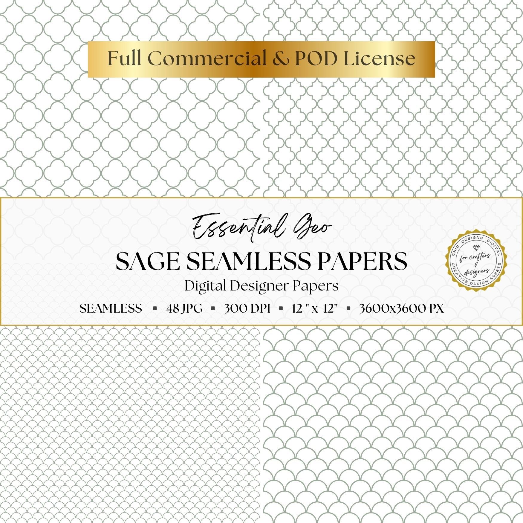 Sage green quatrefoil lattice and scalloped geometric digital papers in small and large scales.