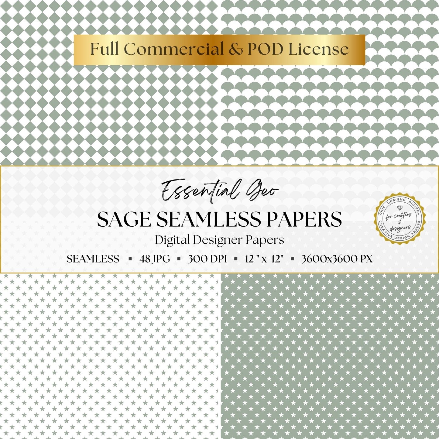 Sage green diamond checks, scallops and star patterns with coordinating white and sage backgrounds.
