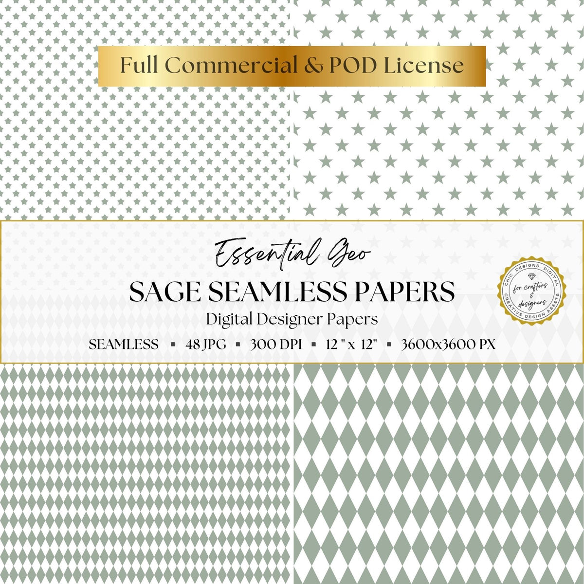 Sage green star and harlequin diamond digital papers shown in small and large repeating scales.