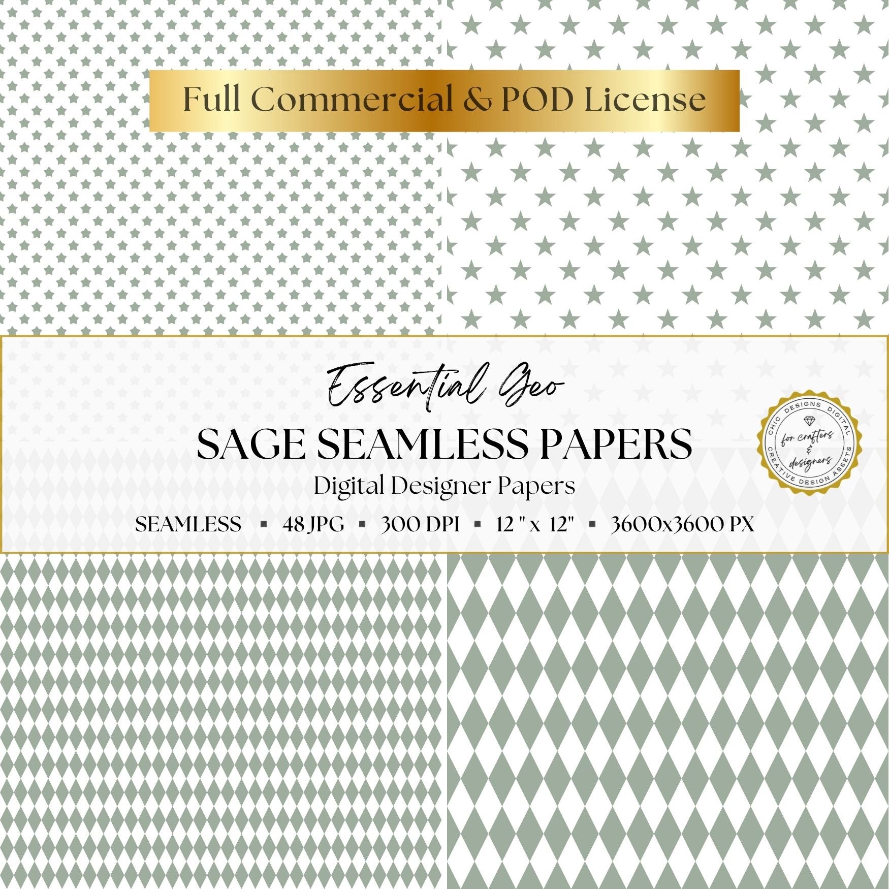 Sage green star and harlequin diamond digital papers shown in small and large repeating scales.