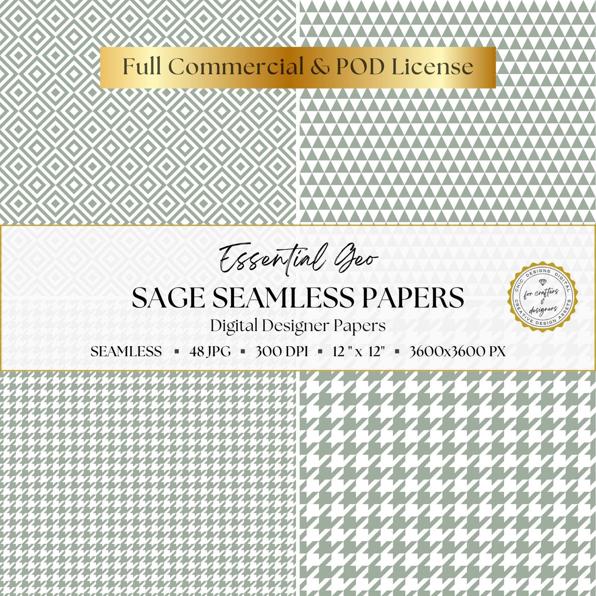 Sage green nested diamonds, triangle repeats and houndstooth digital papers in coordinating scales.