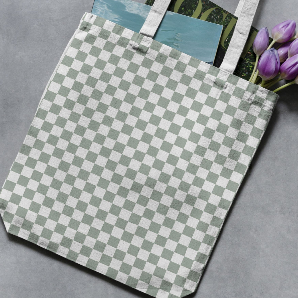 Sage green and white checkerboard pattern shown on a fabric tote bag as a finished-product example.