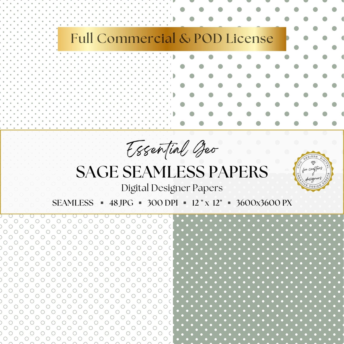 Sage green and white polka dot digital papers featuring outlined, solid and reversed dots in four coordinating sizes.