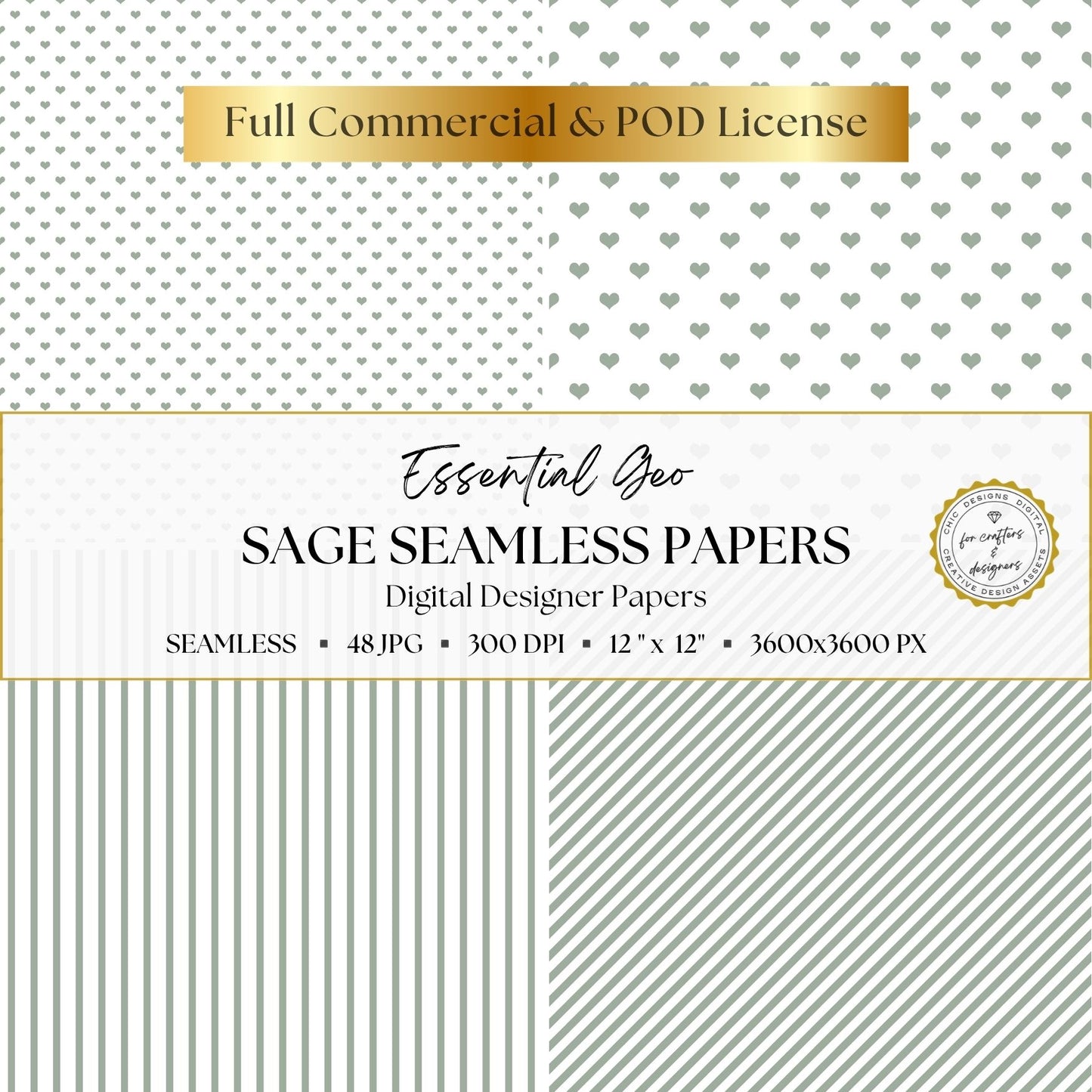 Sage green heart patterns with straight and diagonal striped digital papers in small and large scales.