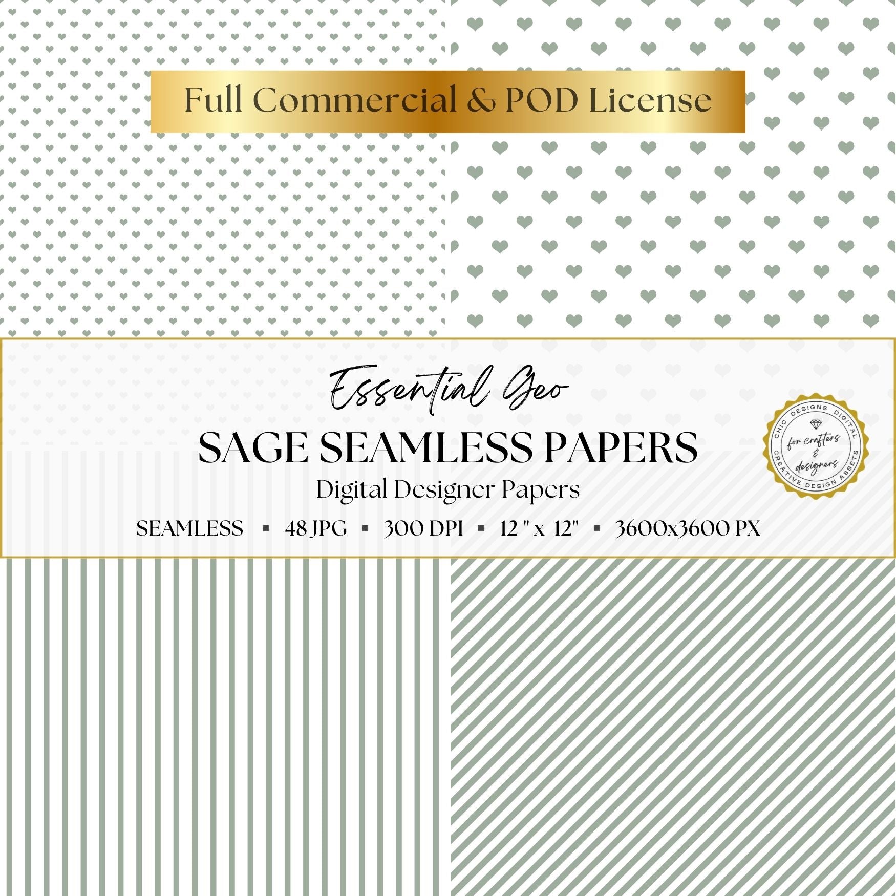 Sage green heart patterns with straight and diagonal striped digital papers in small and large scales.