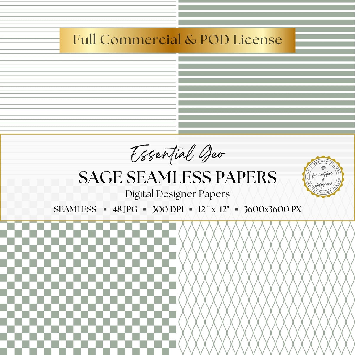 Sage green horizontal stripes, checkerboards and curved geometric lattice patterns in coordinating scales.