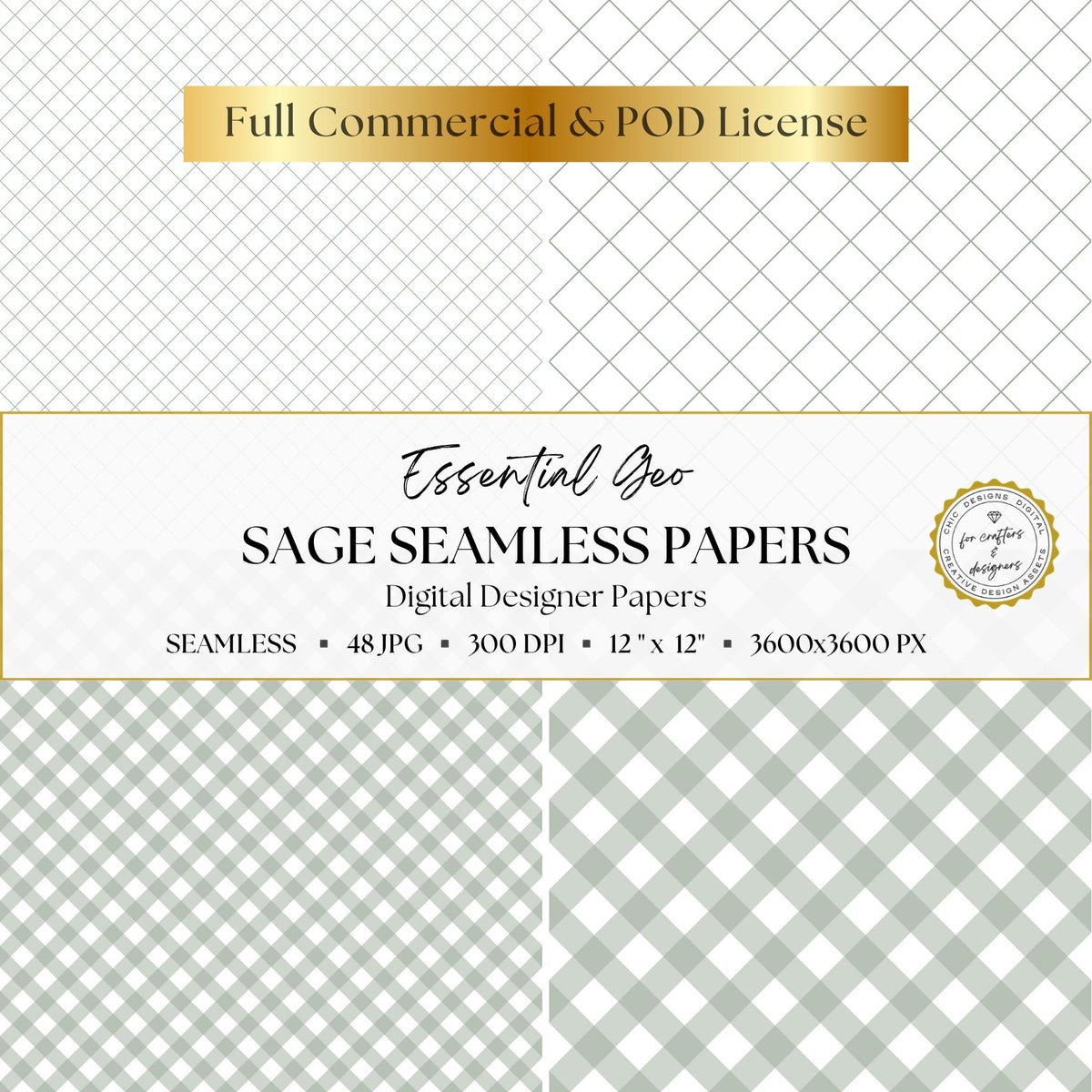 Sage green diamond lattice and diagonal gingham digital papers shown in delicate and bold variations.