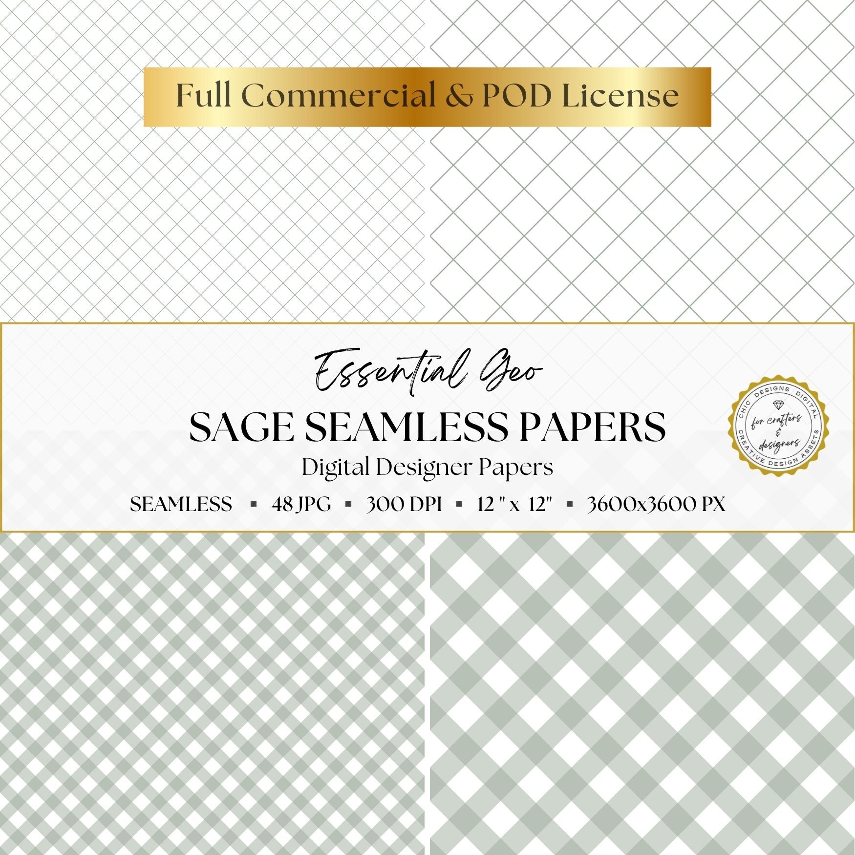 Sage green diamond lattice and diagonal gingham digital papers shown in delicate and bold variations.