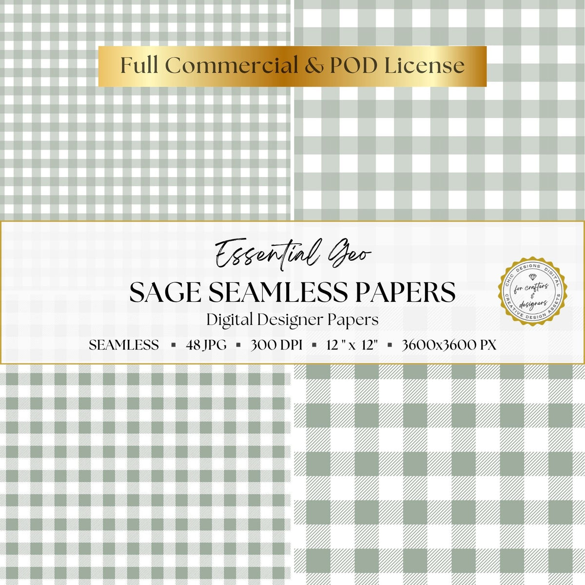 Sage green and white gingham and checked digital papers in four coordinating pattern sizes.