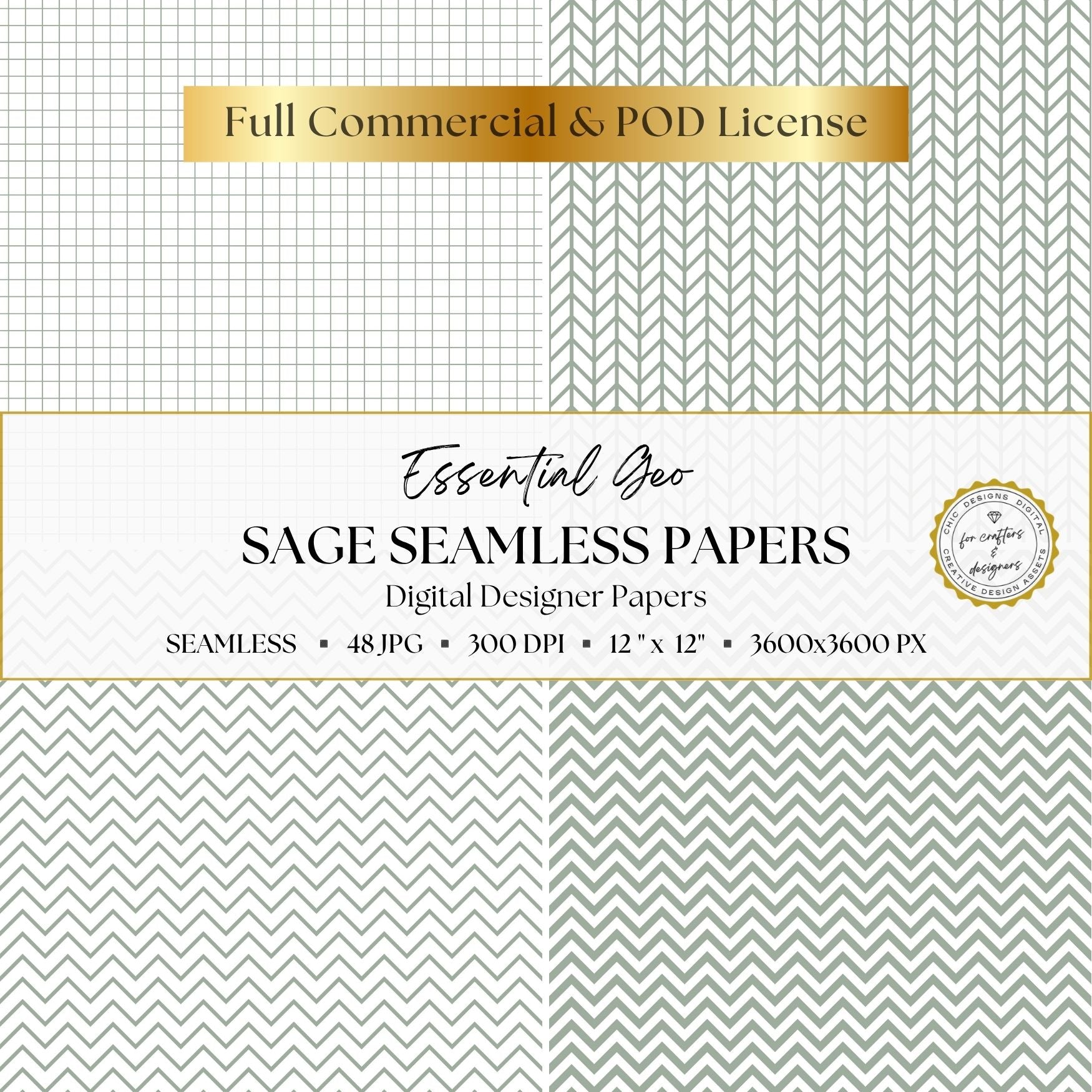Sage green grid, herringbone and chevron digital papers in fine and bold geometric variations.