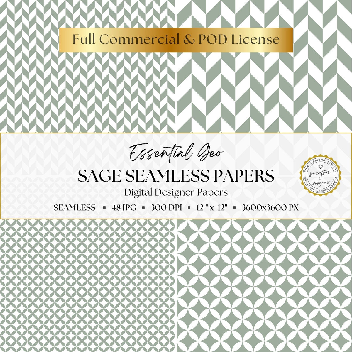 Sage green herringbone and four-petal geometric repeat patterns shown in small and large scales.
