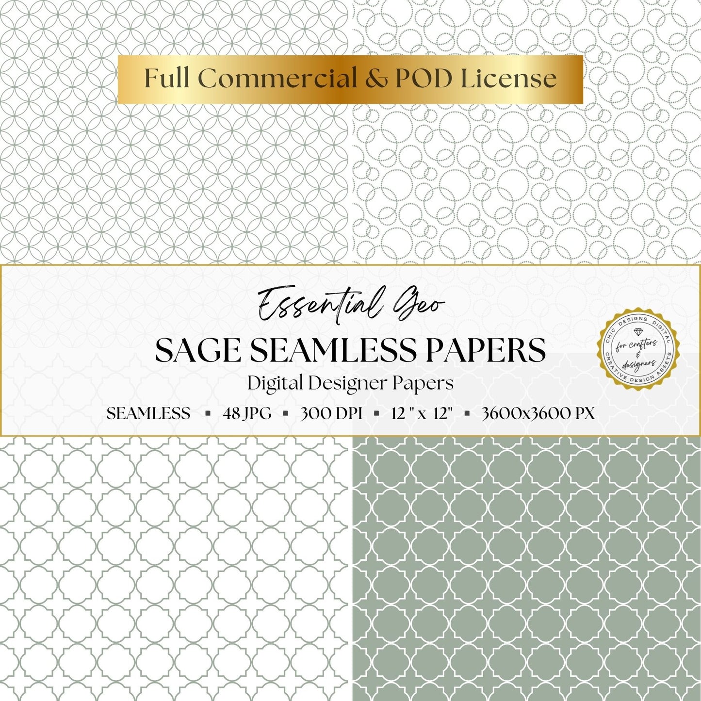 Sage green overlapping circles, dotted circular repeats and quatrefoil lattice digital papers.
