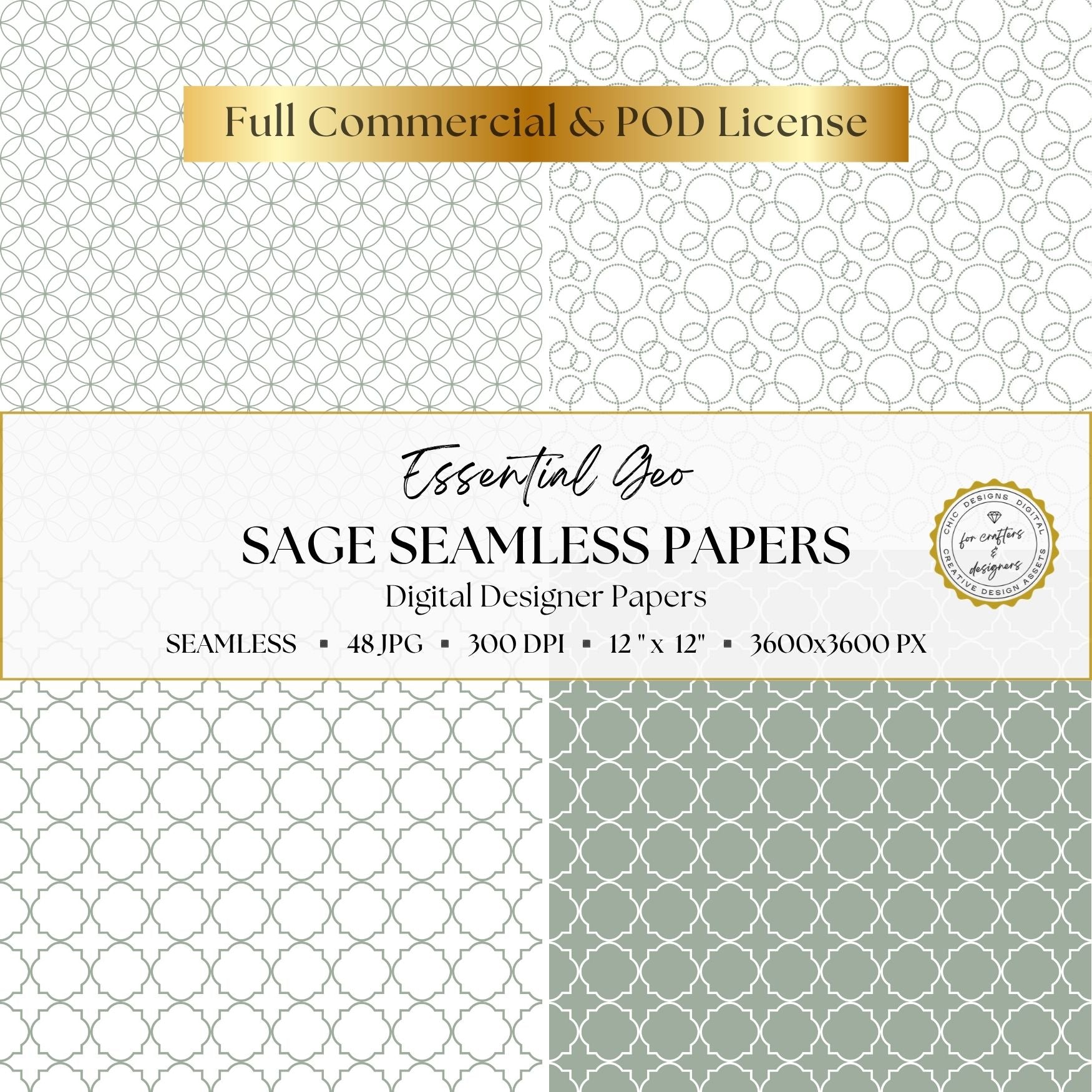 Sage green overlapping circles, dotted circular repeats and quatrefoil lattice digital papers.