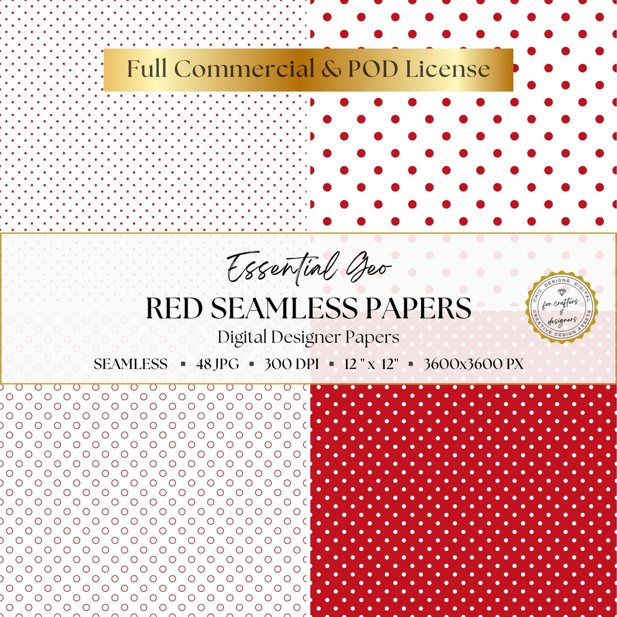 Red and white seamless polka dot patterns in fine and larger scales.