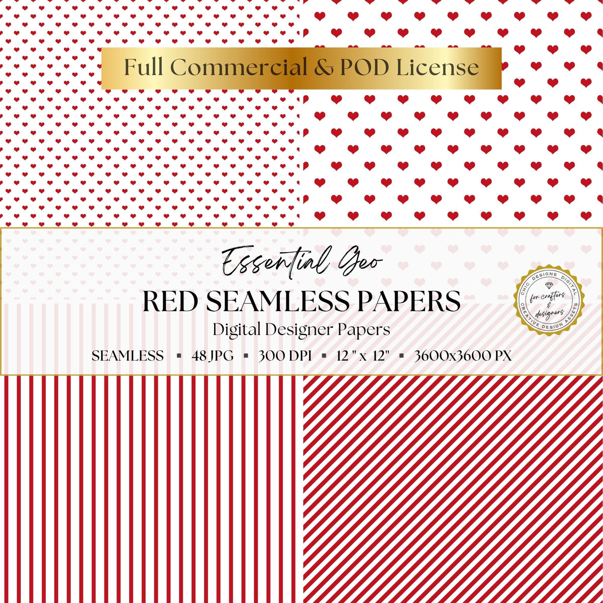 Red heart patterns and coordinating vertical and diagonal striped digital papers.