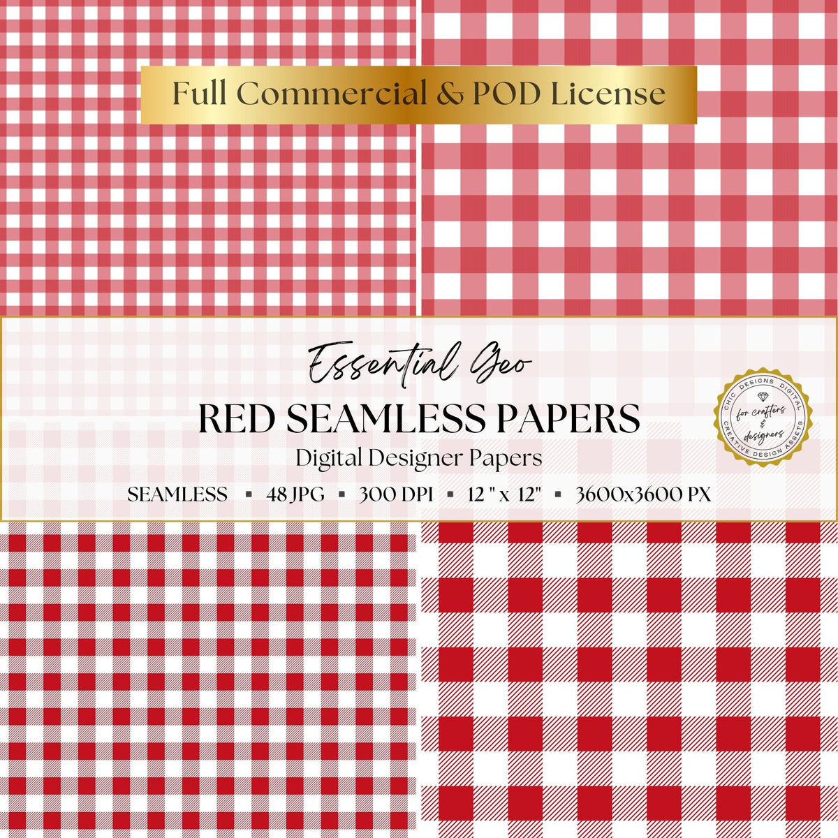 Red and white gingham and check patterns in four different scales.