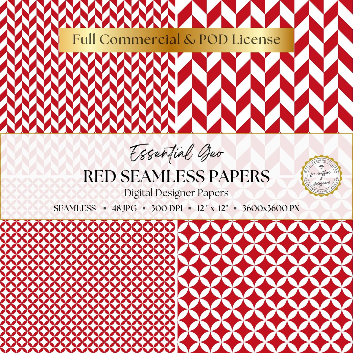 Red herringbone and interlocking geometric digital papers in coordinating scales.