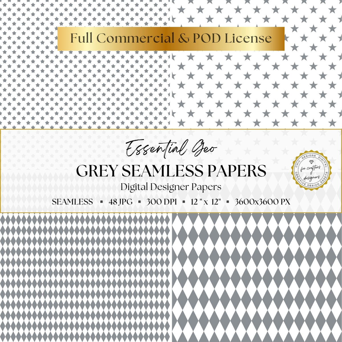 Grey star and harlequin seamless digital paper designs