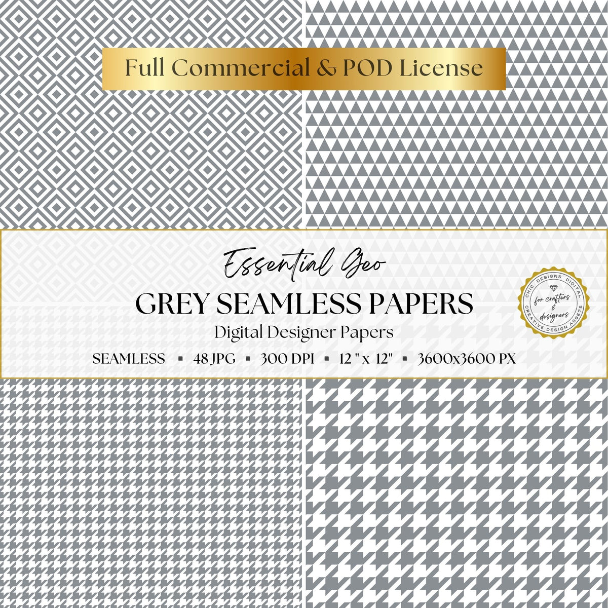 Grey diamond, triangle and houndstooth seamless digital paper patterns