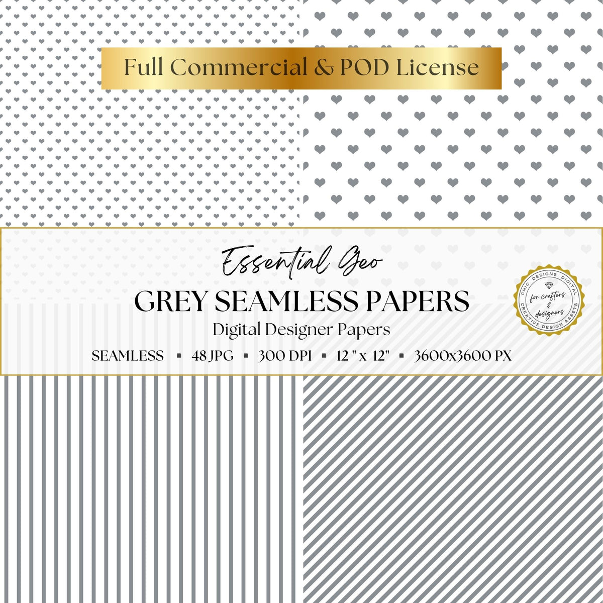 Grey and white heart and stripe seamless geometric digital paper patterns